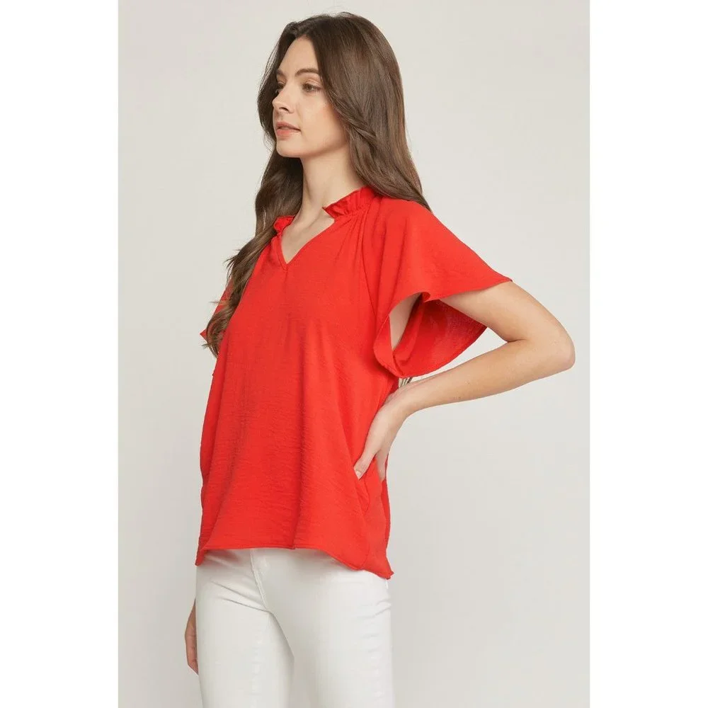 Entro Ruffled Flutter Sleeve Blouse, Tangerine - Picture 3 of 7